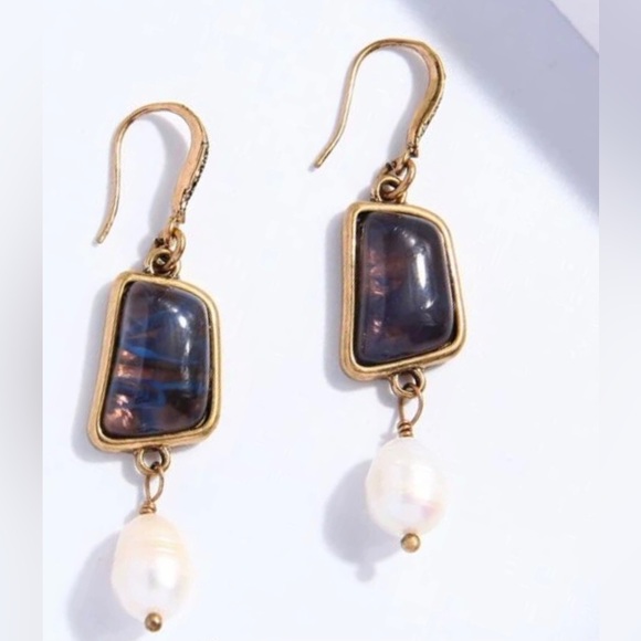 Dichroic Glass Amber Blue Swirl Art Deco Gold Marcasite Freshwater Pearl Dangles - Picture 4 of 4